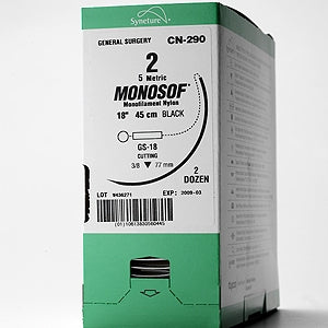 Covidien Monosof Suture with Needle Nonabsorbable Uncoated Black Suture Monofilament Nylon Size 10-0 12 Inch Suture Double-Armed 5 mm Length Compound Curve Spatula Needle - N2799K