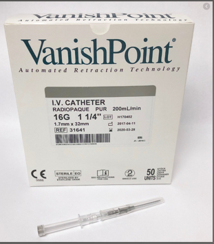 VanishPoint - Peripheral IV Catheter 16 Gauge 1.25 Inch Retracting Safety Needle - 31641