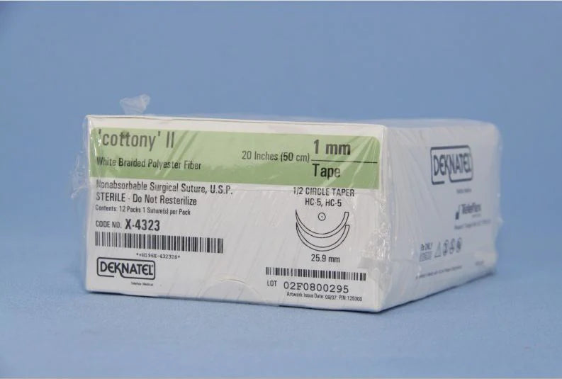 Deknatel Cottony II - Suture Tape with Needle Nonabsorbable Uncoated White Suture Braided Polyester Size 1 mm 20 Inch Suture Double-Armed 25.9 mm Length 1/2 Circle Taper Point Needle - X-4323