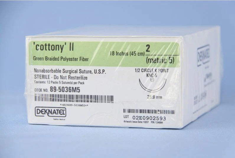 Deknatel Cottony II - Suture with Needle Nonabsorbable Uncoated Green Suture Braided Polyester Size 2 18 Inch Suture 1-Needle 26 mm Length 1/2 Circle K Point Needle - 89-5036M5