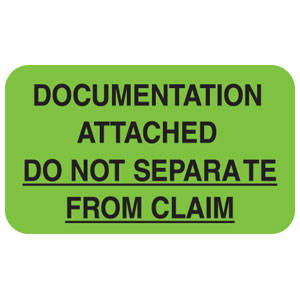 Tabbies Insurance Carrier Collection Labels "DOCUMENTATION ATTACHED DO NOT SEPARATE FROM CLAIM	", Fluorescent Green - 1-1/2"W x 7/8"H, 250 per Roll - MAP2650