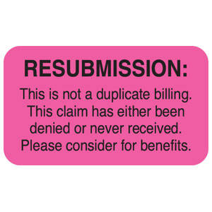 Tabbies Insurance Carrier Collection Labels "RESUBMISSION: THIS IS NOT A DUPLICATE BILING. THIS CLAIM HAS EITHER BEEN DENIED OR NEVER RECEIVED. PLEASE CONSIDER FO", Fluorescent Pink - 1-1/2"W x 7/8"H, 250 per Roll - MAP2670