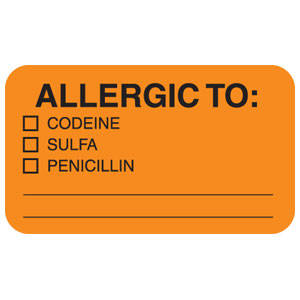Tabbies Allergy Labels, "Allergic To: Codeine/Sulfa/Penicillin" Fluorescent Orange - 1-1/2"W x 7/8"H, 250  per Roll - MAP4920