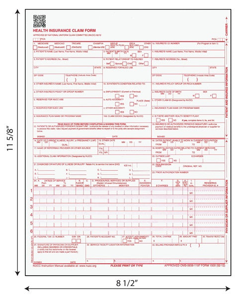 Tabbies Healthcare Forms CMS/HCFA 1500 Claim Forms 14540 - 8-1/2"W x 11"H, 500 per Pack - 14540