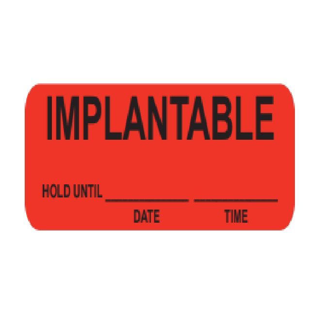 Healthmark Preprinted Message Labels, "Implantable" - Black on Red, 3" x 0.88 in, 320 Per Roll - HMK-CSW-IMP