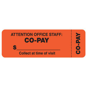 Tabbies Billing/Collection Labels "Attention Office Staff: Co-Pay $___ Collect at Time of Visit" , Fluorescent Red- 3"W x 1"H, 500 per Roll - 40566