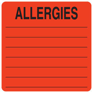 Tabbies Allergy Labels, "Allergies" Fluorescent Red - 2-1/2"W x 2-1/2"H, 390  per Roll - UL926