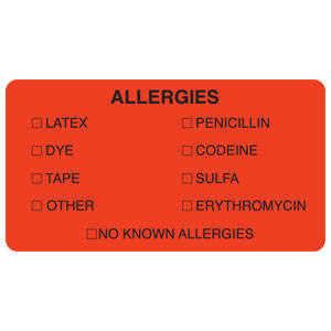 Tabbies Allergy Labels, "Allergies [] Latex [] Dye [] Tape [] Other" Fluorescent Red - 3-1/4"W x 1-3/4"H, 250 per Roll - MAP3250