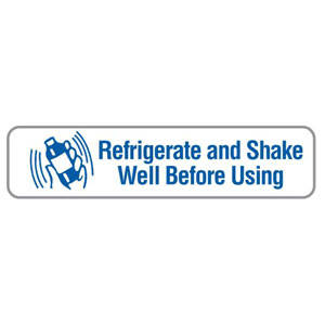 Tabbies Medication Instruction Labels, "REFRIGERATE AND SHAKE WELL BEFORE USING", "White & Blue" - 1-5/8"W x 7/8"H, 500 per Roll - V-FP704
