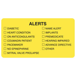 Tabbies Labels "Alerts Diabetic/Heart Condition/On Anticoagulants/Coumadin Patient/Pacemaker/No Epinepherine/Mitral Valve Prolapse/Name" , Fluorescent Chartreuse  -3-1/4"W x 1-3/4"H, 250 per Roll - MAP3400