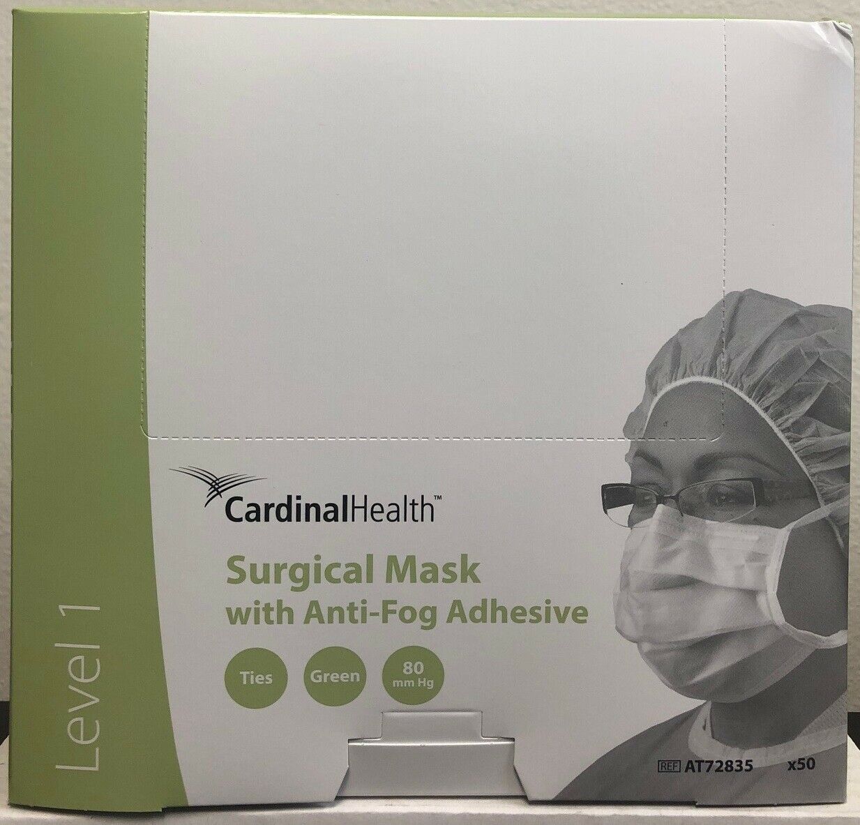 Cardinal AT72835 - Level 1 Secure-Guard Surgical Mask with Fog-Free Adhesive Tape Strip, Tie Closure Green - Box of 50 Masks