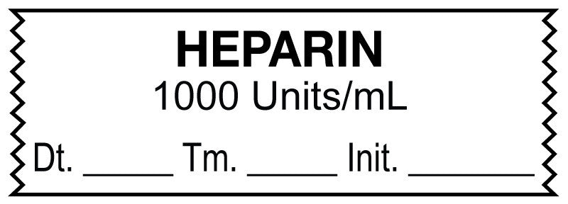 Medical Labels - Anesthesia Tape, HEPARIN 1000 Units/mL