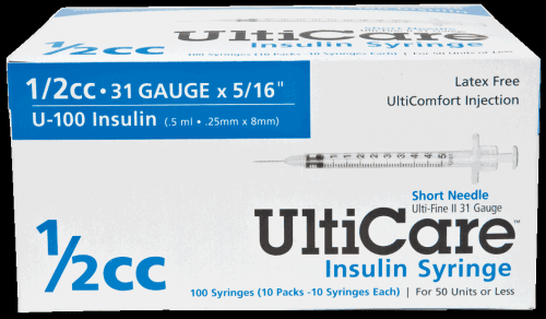 UltiCare - Insulin Syringe with Needle 0.5 mL 31 Gauge 5/16 Inch Thin Wall NonSafety - 09459